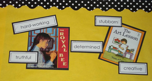 bulletin board of book covers with good character traits beside them.