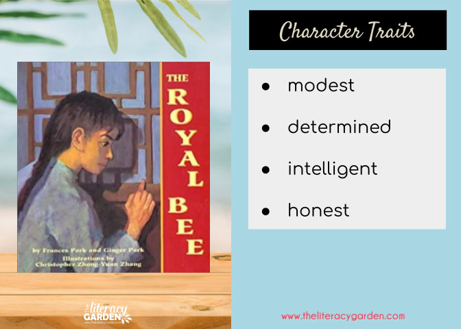 The Royal Bee book cover and list of 4 character traits - modest, determined, intelligent, and honest