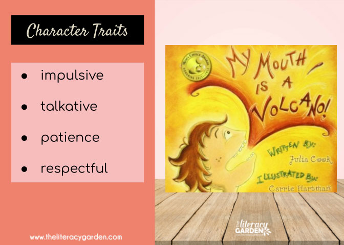 My Mouth is a Volcano book cover and list of 4 character traits 