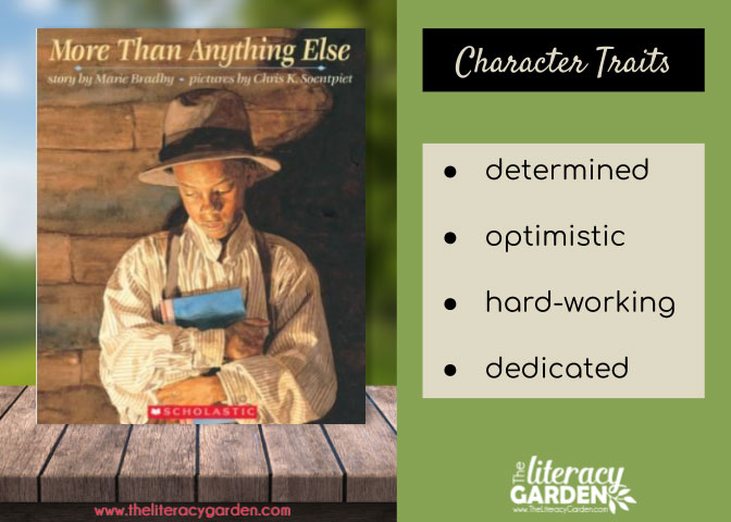 More Than Anything Else book cover and list of 4 character traits - determined, optimistic, hard-working, dedicated.